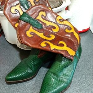 VINTAGE NINE WEST COWBOY BOOTS, VGUC, 6M, GREEN/BROWN/GOLD